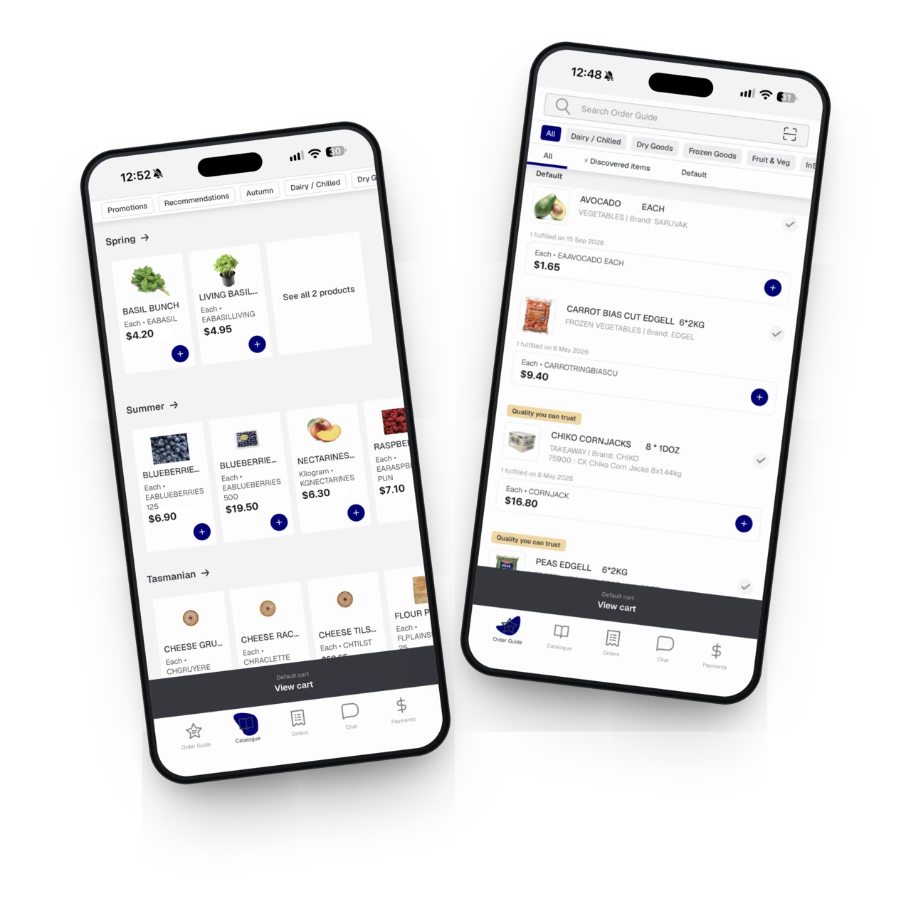 Southern Foodservice app showing live catalog and order guide on two iPhones