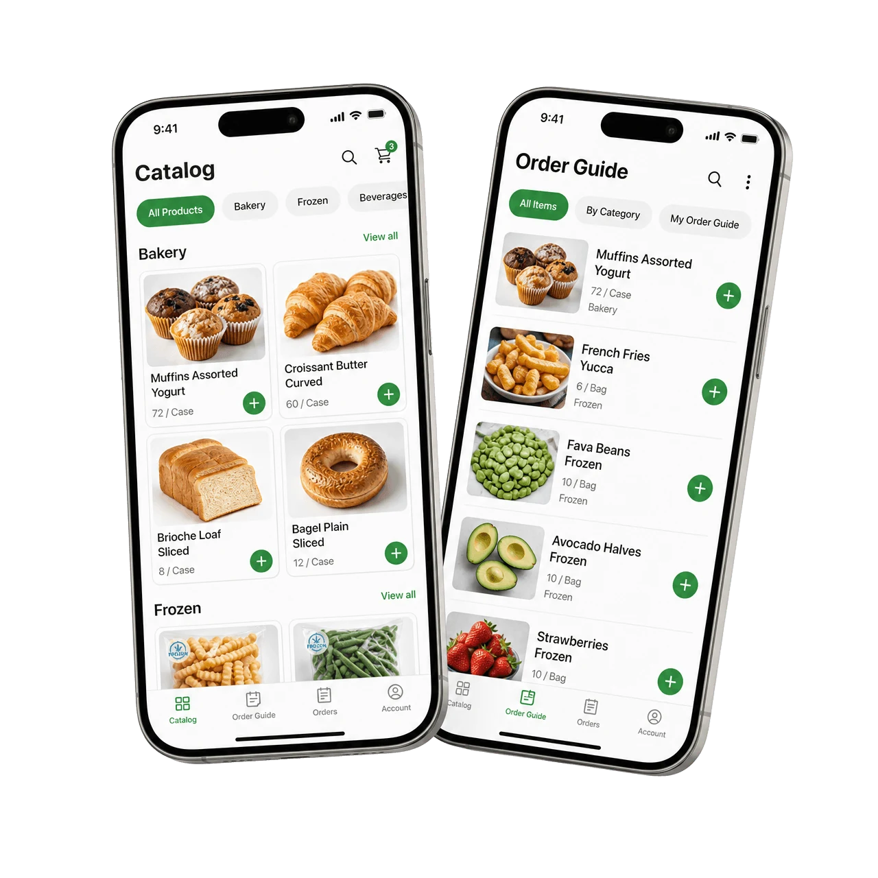 Southern Foodservice app showing live catalog and order guide on two iPhones