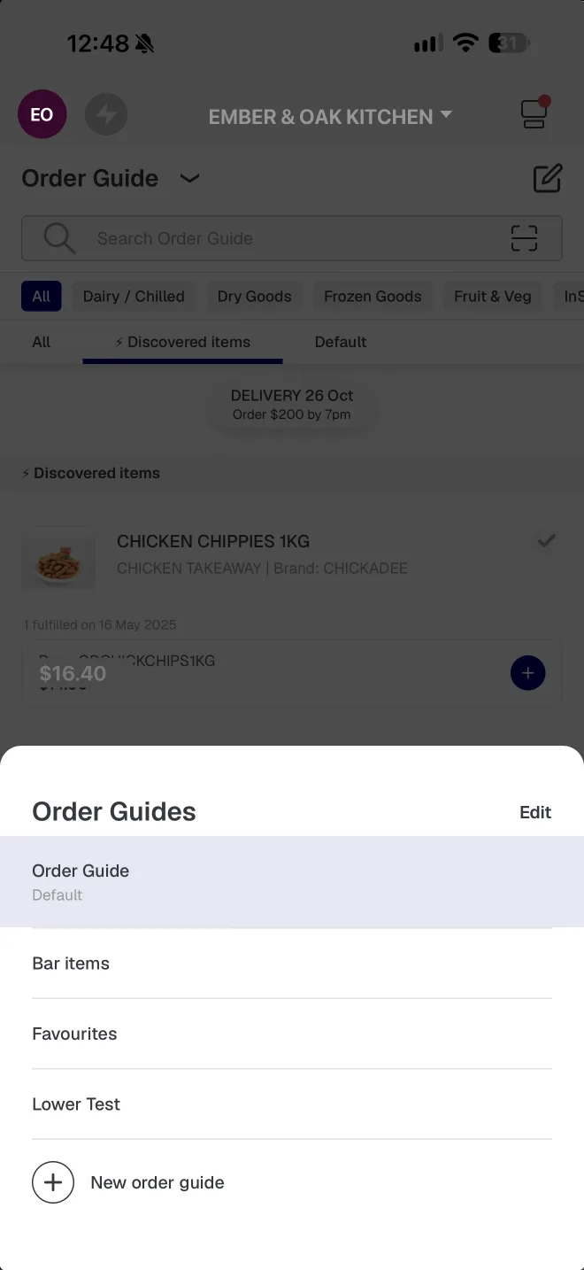 Saved order guides — Southern Foodservice app screen